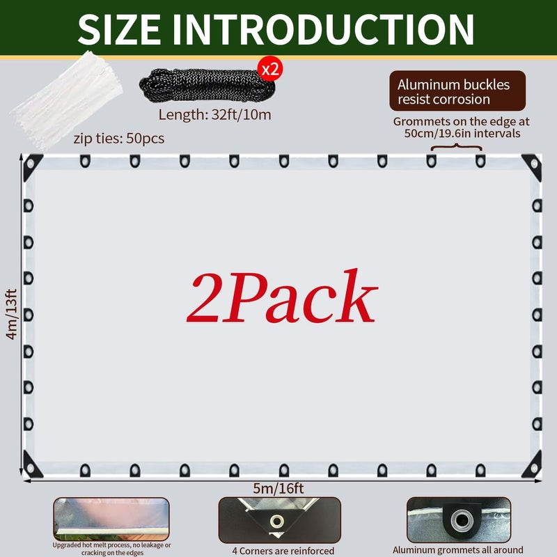 ZERNBER Clear Waterproof Tarp with Grommets, 13x16ft Upgraded Edge Heat Fused Tear Resistant Clear Heavy Duty Tarps for Patio Fencing, Rain, Wind, Cold, Chicken Coops,and More!（Windproof Rope and Tie-Downs） - Image 2